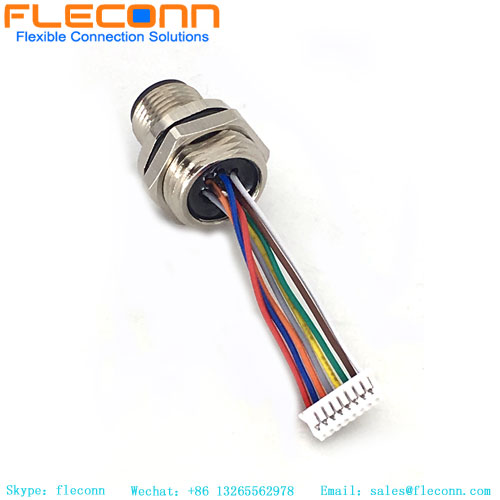 Connecteur m12 à montage sur panneau code A 8 pôles avec fils pré-assemblés en queue de cochon