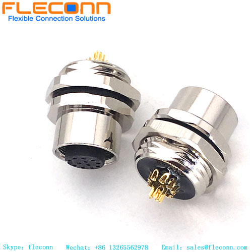 Connecteur femelle M12 à 12 broches pour montage sur panneau, filetage de fixation arrière